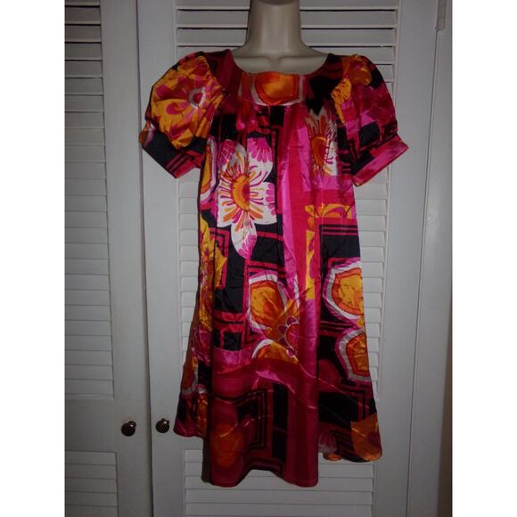 Bebe O made in France geometric print satin dress L oranges and pinks - Picture 1 of 5